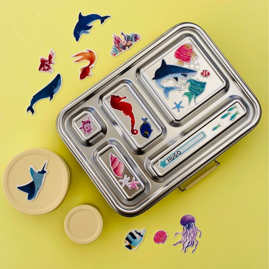 Pack Completo Explora Total con fiambrera inox amarillo mango y pegatinas marinas y botecitos a juego Conjunto con Fiambrera de acero inoxidable color amarillo mango con pegatinas reutilizables infantiles de animales marinos y botes para snack picynic