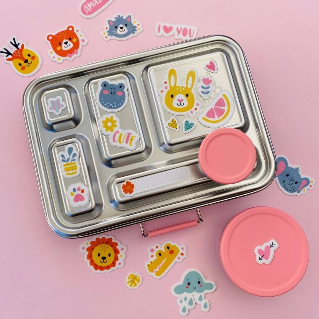 Pack Completo Explora Total con fiambrera inox rosa lotto y pegatinas kawaii Fiambrera de acero inoxidable rosa lotto con pegatinas reutilizables infantiles kawaii y botes para snacks picynic